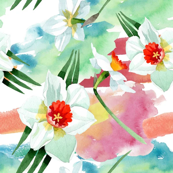 White narcissus floral botanical flower. Watercolor background illustration set. Seamless background pattern. — Stock Photo, Image