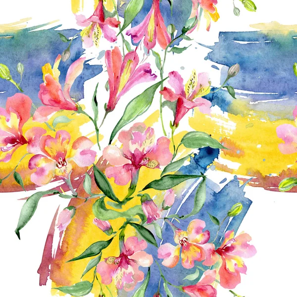 ピンクのアルストロメリアの花束。花植物の花。水彩画背景イラスト セット。シームレスな背景パターン. — ストック写真