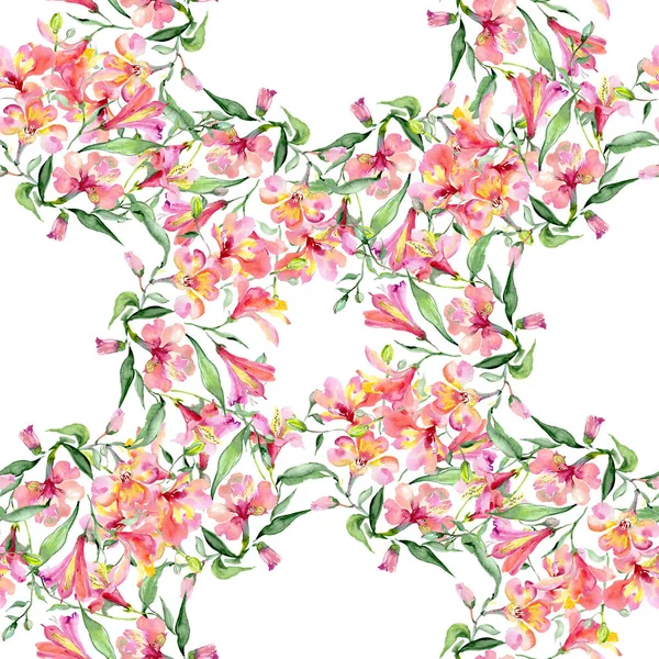Alstremeria różowy bukiet. Botaniczny kwiat kwiatowy. Zestaw ilustracji tle akwarela. Bezszwowe tło wzór. — Zdjęcie stockowe