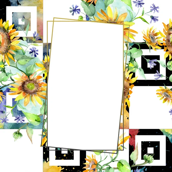 Ανθοδέσμη με ήλιους floral βοτανικό λουλούδια. Ακουαρέλα φόντο εικόνα σύνολο. Πλαίσιο συνόρων στολίδι τετράγωνο. — Φωτογραφία Αρχείου