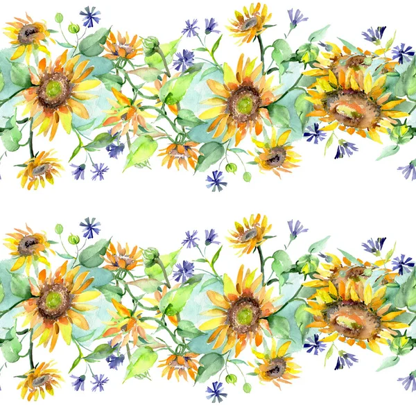 Bouquet de tournesol fleurs botaniques florales. Ensemble d'illustration de fond aquarelle. Modèle de fond sans couture . — Photo