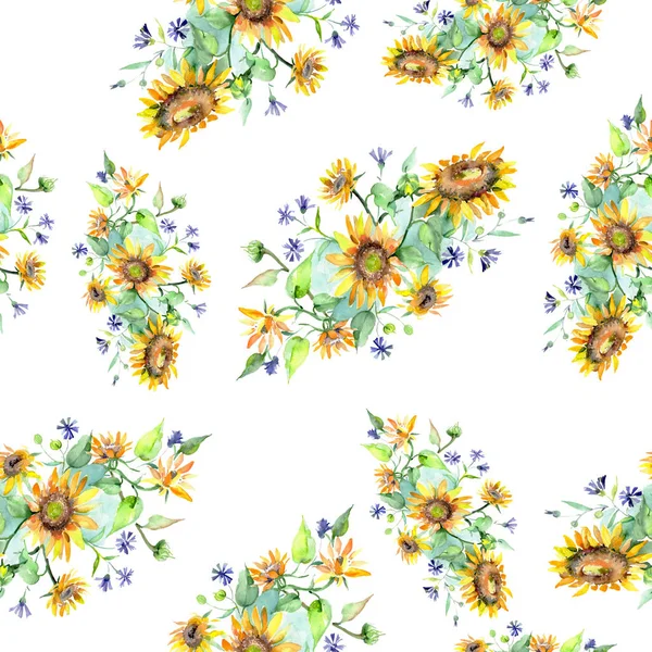 Buquê de girassol flores botânicas florais. Conjunto de ilustração de fundo aquarela. Padrão de fundo sem costura . — Fotografia de Stock