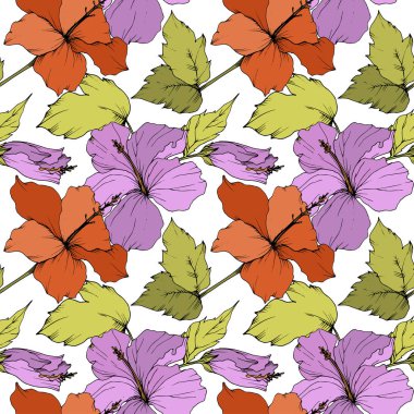 Vektör Hibiscus çiçek botanik çiçek. Oyulmuş mürekkep sanat. Sorunsuz arka plan deseni. Kumaş duvar kağıdı yazdırma doku.