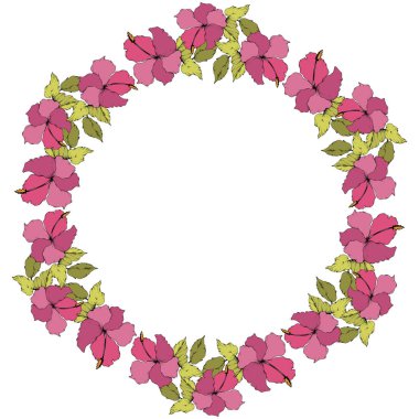 Vektör Hibiscus çiçek botanik çiçek. Oyulmuş mürekkep sanat. Çerçeve kenarlığı süsleme Meydanı.