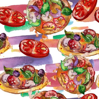 Fast food itallian pizza izole bir suluboya tarzında ayarlayın. Suluboya sorunsuz arka plan deseni.