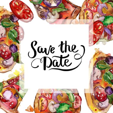 Fast food itallian pizza suluboya Stil kümesindeki. Suluboya çizilmiş arka plan ver. Çerçeve kenarlığı süsleme Meydanı.