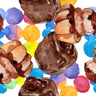 Lezzetli pasta ve çörek suluboya tarzında. Suluboya resim ayarlayın. Sorunsuz arka plan deseni.