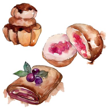 Lezzetli pasta ve çörek suluboya tarzında. Arka plan illüstrasyon ayarlayın. Suluboya çizim moda aquarelle izole.