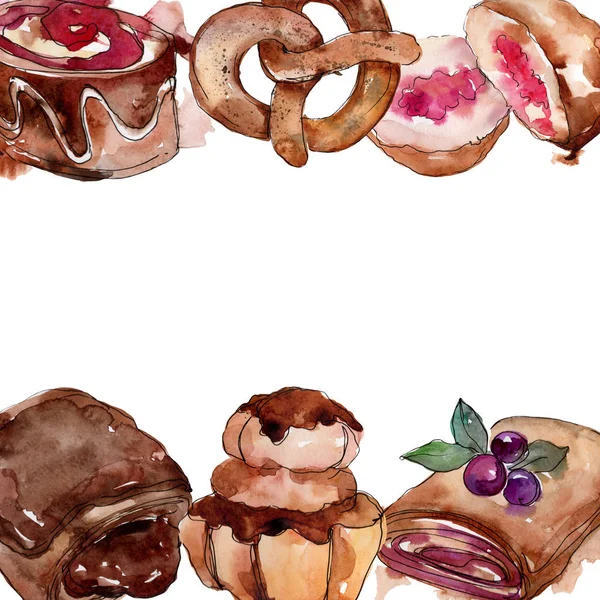 Finom sütemény és egy akvarell stílusú bun. Akvarell backgriund illusztráció beállítása. Test határ Dísz tér. — Stock Fotó