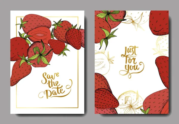 ベクトル イチゴの新鮮な果実の健康食品。赤と緑の刻まれたインク アート。結婚式背景カード. — ストックベクタ