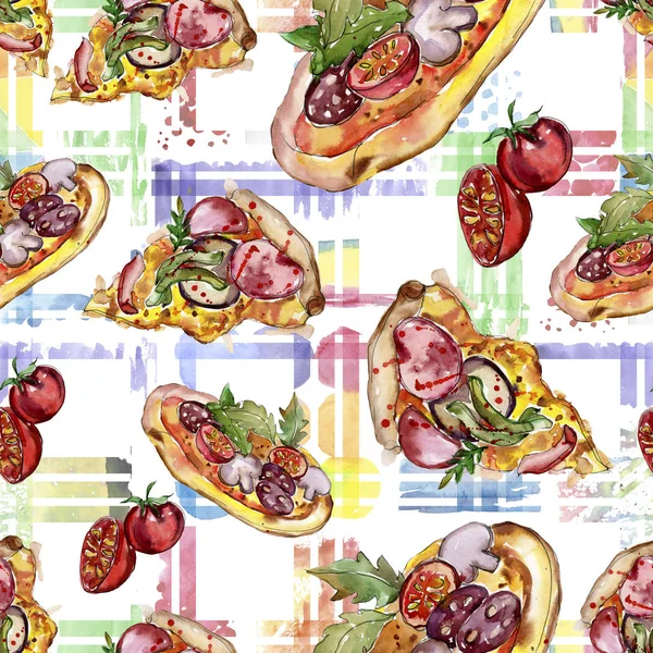 Fast Food italienische Pizza in einem Aquarell-Stil isoliert Set. Aquarell nahtloses Hintergrundmuster. — Stockfoto