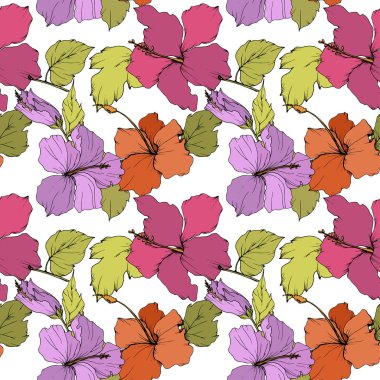 Vektör Hibiscus çiçek botanik çiçek. Oyulmuş mürekkep sanat. Sorunsuz arka plan deseni. Kumaş duvar kağıdı yazdırma doku.