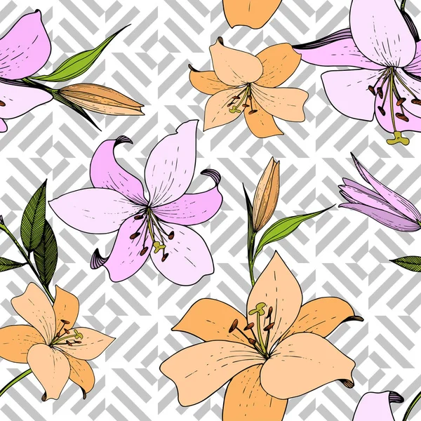 Vektor Lily floral botani bunga. Seni tinta yang terukir. Pola latar belakang mulus. Tekstur cetak wallpaper kain . - Stok Vektor