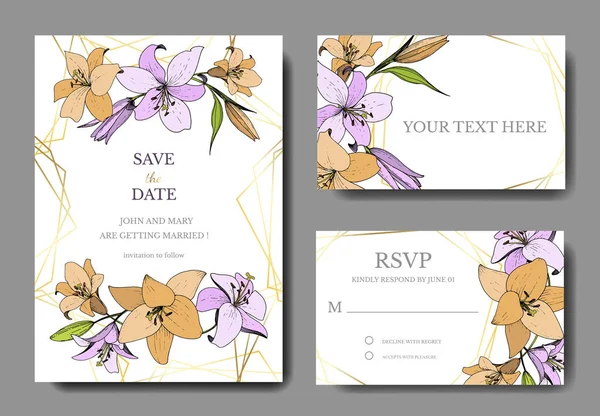 Vector Lily flor botânica floral. Arte de tinta gravada. Casamento cartão de fundo floral borda decorativa . — Vetor de Stock