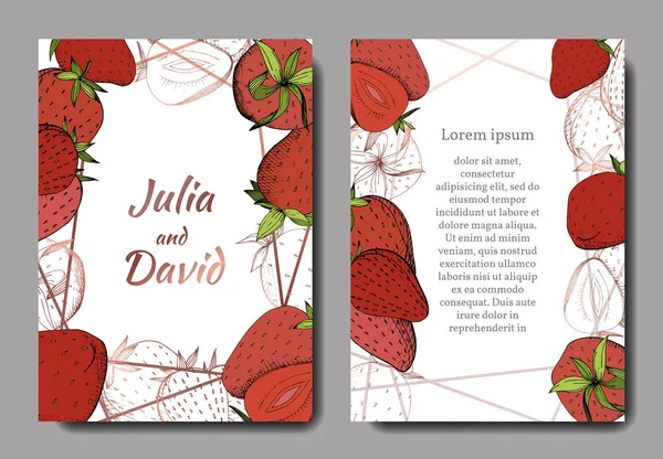 Vektor eper gyümölcs egészséges élelmiszer. Piros és zöld vésett tinta art. Esküvői háttér kártya. — Stock Vector