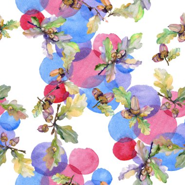 Meşe palamudu yeşil yaprakları ve fındık. Suluboya arka plan illüstrasyon küme. Sorunsuz arka plan deseni.