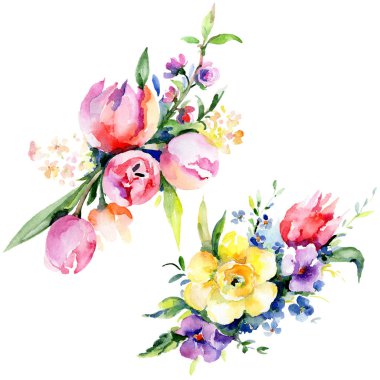 Buketler çiçek botanik çiçekler. Suluboya arka plan illüstrasyon küme. İzole buket illüstrasyon öğesi.