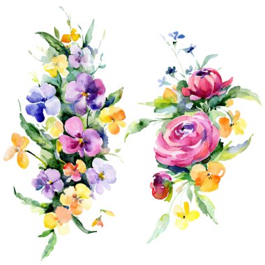Buketler çiçek botanik çiçekler. Suluboya arka plan illüstrasyon küme. İzole buket illüstrasyon öğesi.