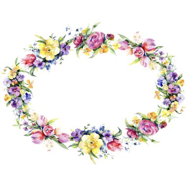 Buketler çiçek botanik çiçekler. Suluboya arka plan illüstrasyon küme. Çerçeve kenarlığı süsleme Meydanı.