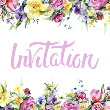 Buketler çiçek botanik çiçekler. Suluboya arka plan illüstrasyon küme. Çerçeve kenarlığı süsleme Meydanı.