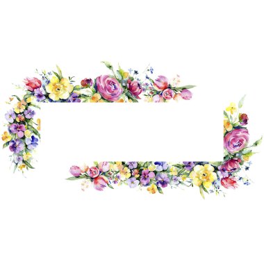 Buketler çiçek botanik çiçekler. Suluboya arka plan illüstrasyon küme. Çerçeve kenarlığı süsleme Meydanı.