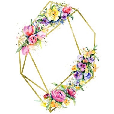 Buketler çiçek botanik çiçekler. Suluboya arka plan illüstrasyon küme. Çerçeve kenarlığı süsleme Meydanı.