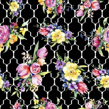 Buketler çiçek botanik çiçekler. Suluboya arka plan illüstrasyon küme. Sorunsuz arka plan deseni.