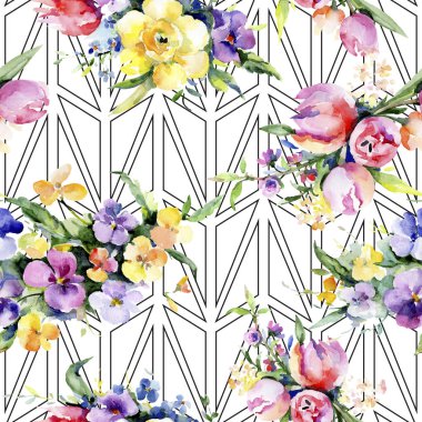 Buketler çiçek botanik çiçekler. Suluboya arka plan illüstrasyon küme. Sorunsuz arka plan deseni.