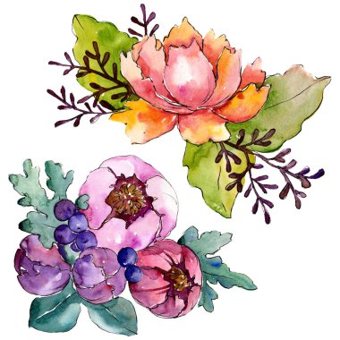 Mavi mor buket çiçek botanik çiçekler. Suluboya arka plan ayarlamak. İzole buketleri illüstrasyon öğesi.