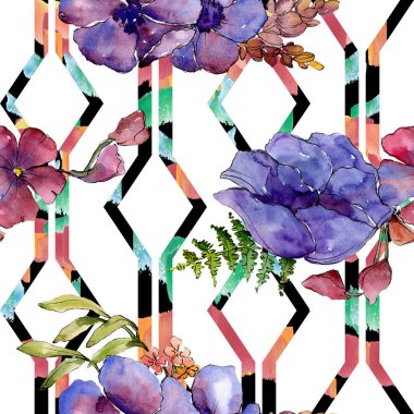 Mavi mor buket çiçek botanik çiçekler. Suluboya arka plan illüstrasyon küme. Sorunsuz arka plan deseni.