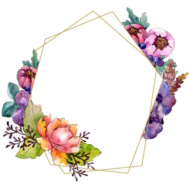 Mavi mor buket çiçek botanik çiçekler. Suluboya arka plan illüstrasyon küme. Çerçeve kenarlığı süsleme Meydanı.