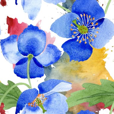 Mavi Haşhaş çiçek botanik çiçekler. Suluboya resim kümesi. Sorunsuz arka plan deseni.