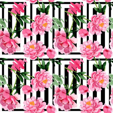 Pembe peony çiçek botanik çiçekler. Suluboya arka plan illüstrasyon küme. Sorunsuz arka plan deseni.