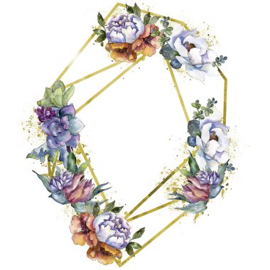 Buketler çiçek botanik çiçekler. Suluboya arka plan illüstrasyon küme. Çerçeve kenarlığı süsleme Meydanı.