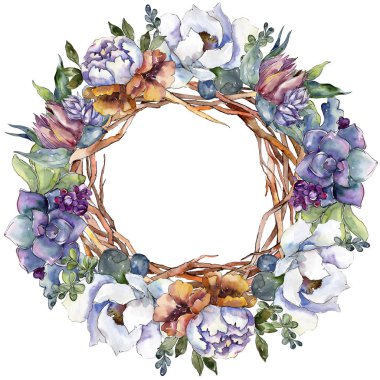 Buketler çiçek botanik çiçekler. Suluboya arka plan illüstrasyon küme. Çerçeve kenarlığı süsleme Meydanı.