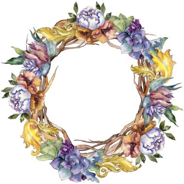 Buketler çiçek botanik çiçekler. Suluboya arka plan illüstrasyon küme. Çerçeve kenarlığı süsleme Meydanı.