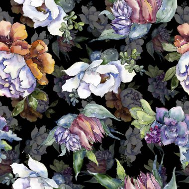 Buketler çiçek botanik çiçekler. Suluboya arka plan illüstrasyon küme. Sorunsuz arka plan deseni.
