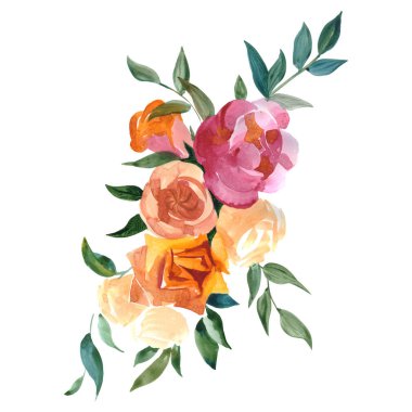 Gül buket çiçek botanik çiçekler. Suluboya arka plan illüstrasyon küme. İzole buket illüstrasyon öğesi.