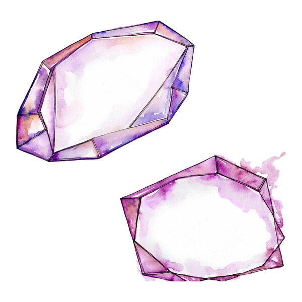 Colorful diamond rock jewelry minerals. Watercolor background set. Isolated crystal illustration