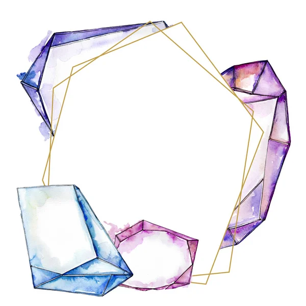 Färgglada diamond rock smycken mineraler. Akvarell crystal sten bakgrund set. Ram gränsen prydnad square. — Stockfoto