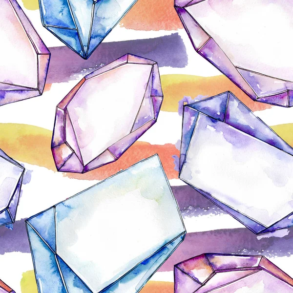 Färgglada diamond rock smycken mineraler. Akvarell crystal sten bakgrund set. Sömlös bakgrundsmönster. — Stockfoto