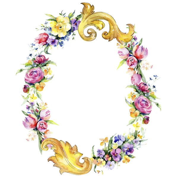 Ramos de flores botánicas florales. Conjunto de ilustración de fondo acuarela. Marco borde ornamento cuadrado . — Foto de Stock