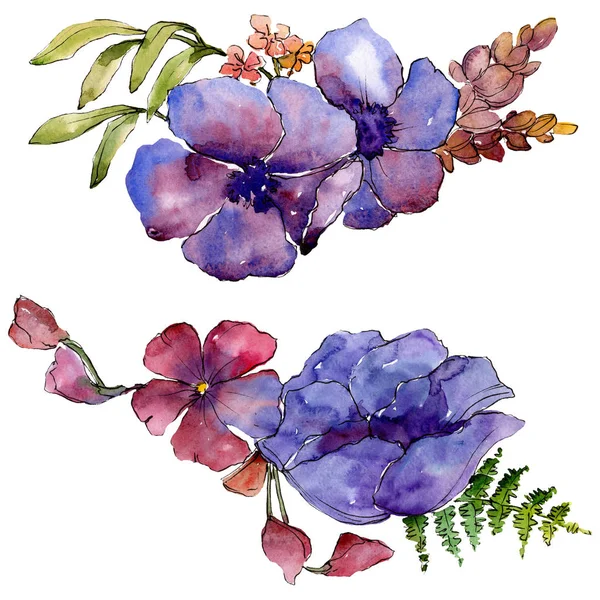 Ramo azul púrpura flores botánicas florales. Conjunto de fondo acuarela. Ramos aislados elemento de ilustración . — Foto de Stock