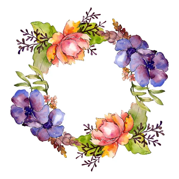 Bouquet violet bleu fleurs botaniques florales. Ensemble d'illustration de fond aquarelle. Cadre bordure ornement carré . — Photo