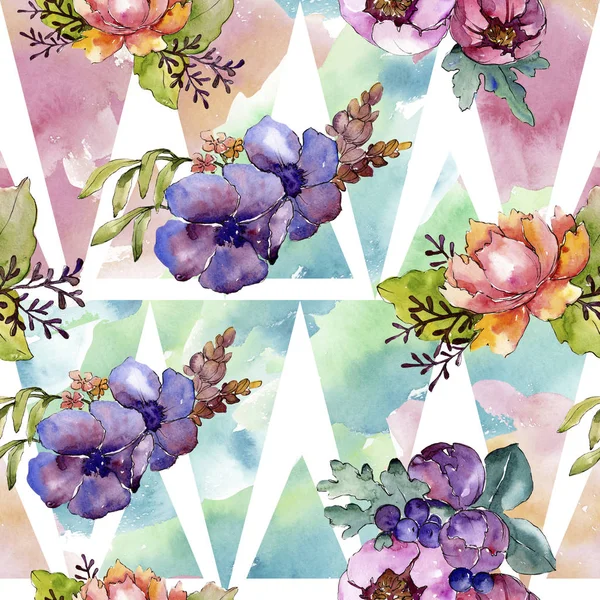 Bouquet violet bleu fleurs botaniques florales. Ensemble d'illustration de fond aquarelle. Modèle de fond sans couture . — Photo