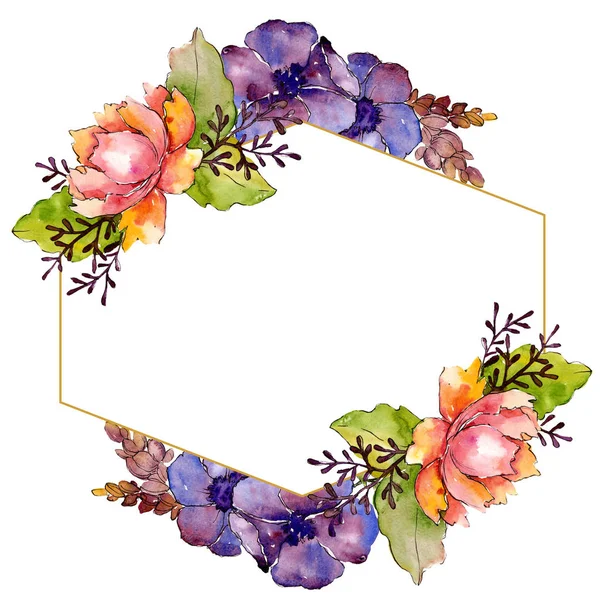 Ramo azul púrpura flores botánicas florales. Conjunto de ilustración de fondo acuarela. Marco borde ornamento cuadrado . — Foto de Stock