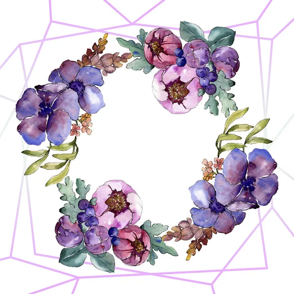 Ramo azul púrpura flores botánicas florales. Conjunto de ilustración de fondo acuarela. Marco borde ornamento cuadrado . — Foto de Stock