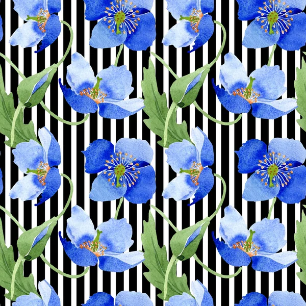 Fleurs botaniques florales de pavot bleu. Ensemble d'illustration aquarelle. Modèle de fond sans couture . — Photo