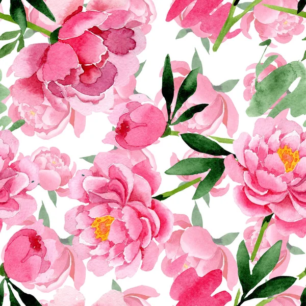 ピンクの牡丹の花植物花。水彩画背景イラスト セット。シームレスな背景パターン. — ストック写真