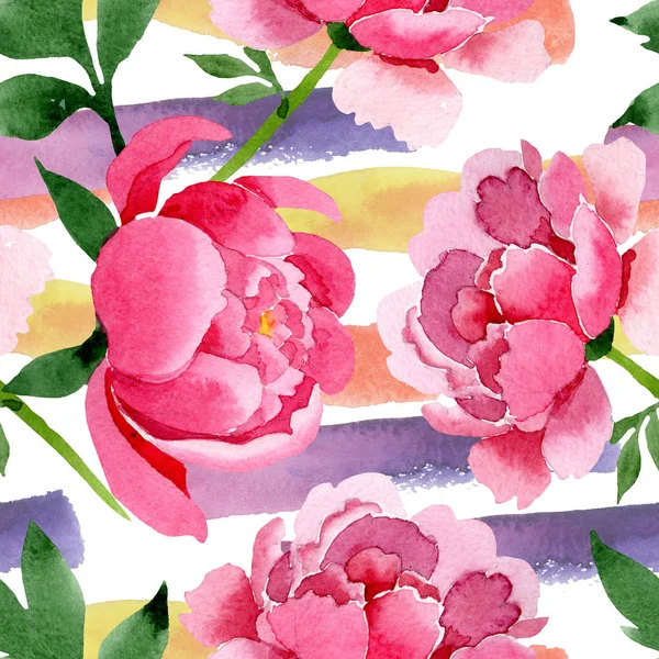 Botanische Blüten der rosa Pfingstrose. Aquarell Hintergrundillustration Set. nahtloses Hintergrundmuster. — Stockfoto